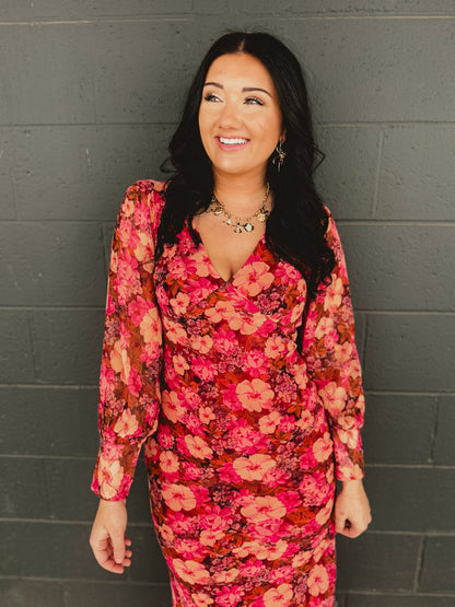 Plunging V-Neck Long Sleeve Maxi Dress - Carmine Rose