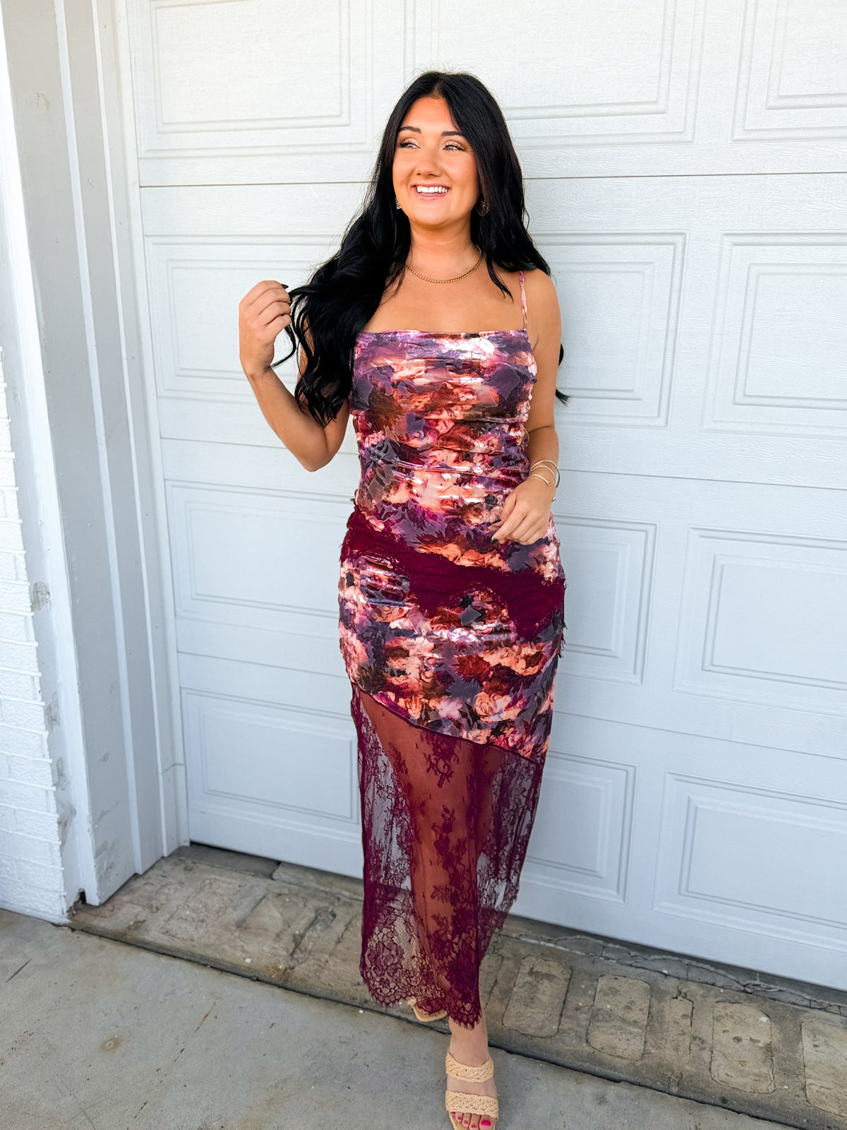 Floral Velvet Lace Trim Maxi Dress - Plum