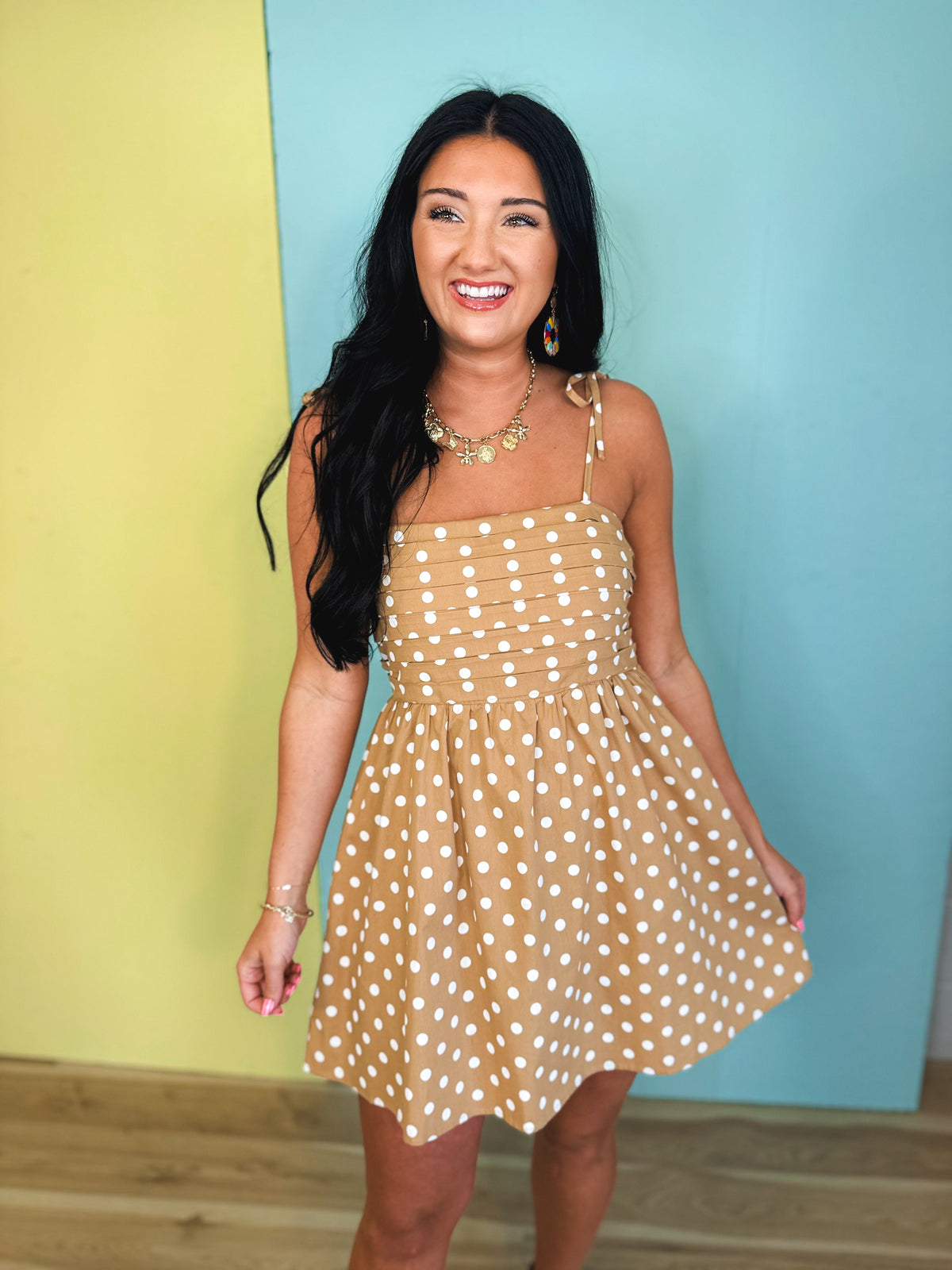 Polka Dot Pleated Mini Dress - Mocha