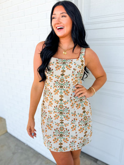 Vintage Floral Tapestry Printed Mini Dress - Cream