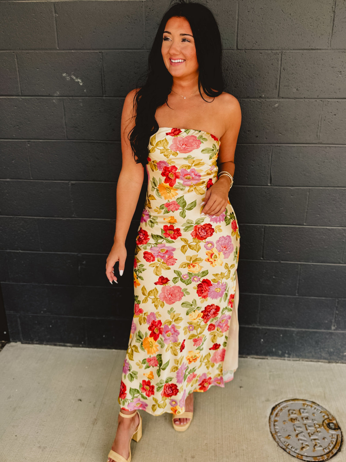 Strapless Bias Cut Satin Maxi Dress - Garden Multi