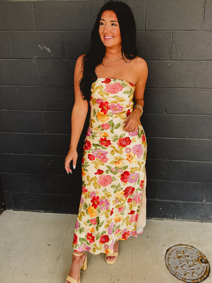 Strapless Bias Cut Satin Maxi Dress - Garden Multi
