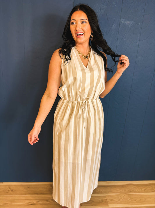 Striped Drawstring Maxi Dress - Off White/Taupe