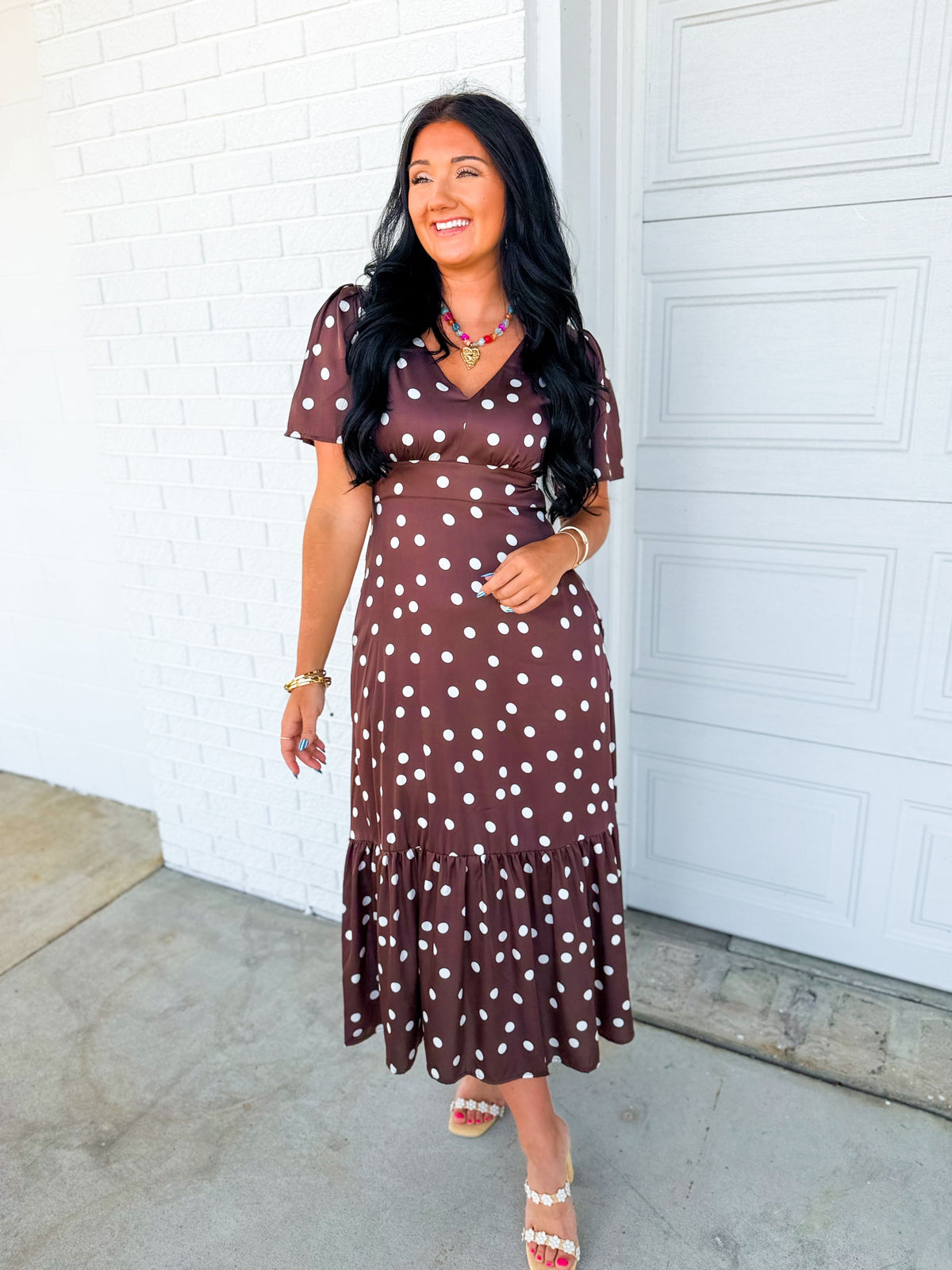 Polka Dot Flutter Sleeve Maxi Dress - Mocha