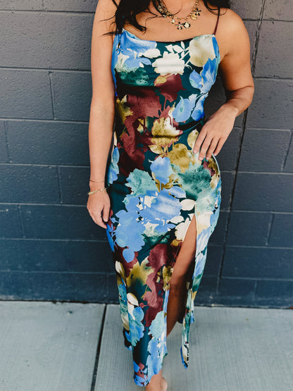Floral Satin Slip Maxi Dress - Blue Multi