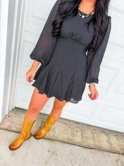 Polka Dot Flared Long Sleeve Mini Dress - Black