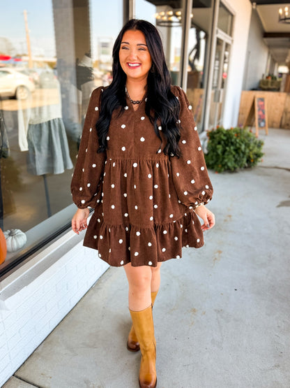 Pom-Pom Dot Corduroy Tiered Mini Dress - Chocolate