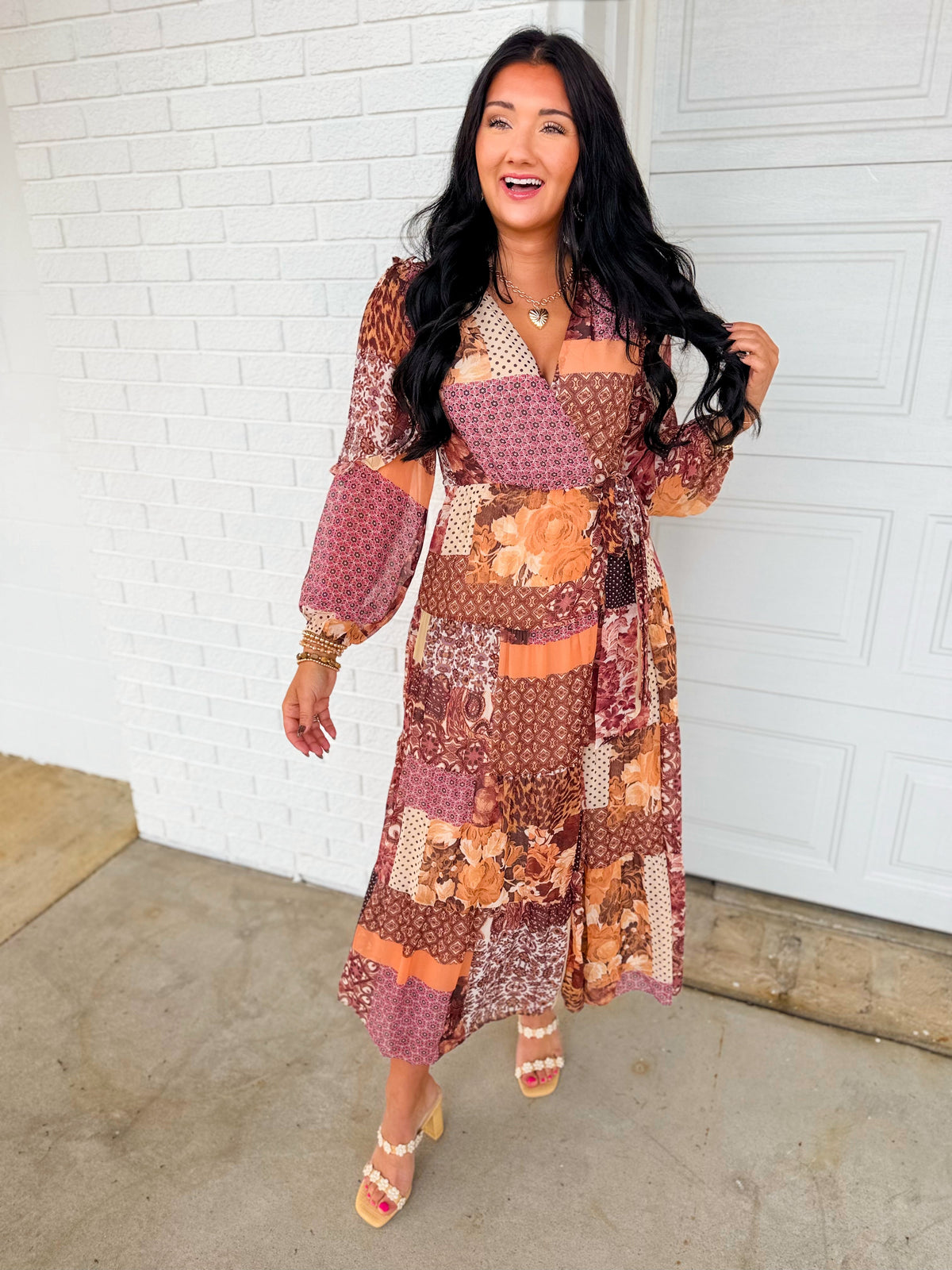 Multi Print Patchwork Wrap Maxi Dress - Sangria