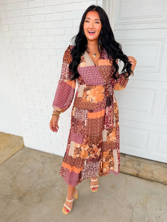 Multi Print Patchwork Wrap Maxi Dress - Sangria