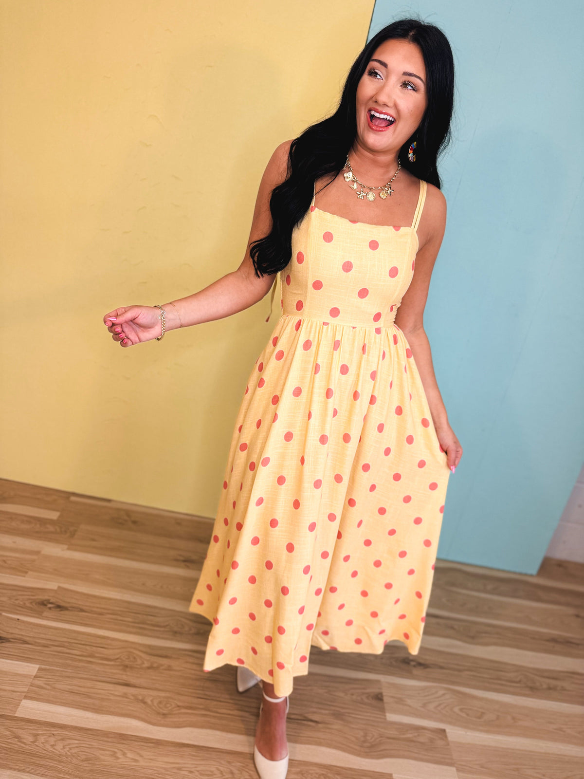 Polka Dot Woven Midi Dress - Light Yellow