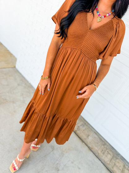 Smocked Washed Satin Tiered Maxi Dress - Sepia