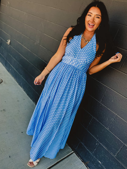 Polka Dot Halter Maxi Dress - Airy Blue