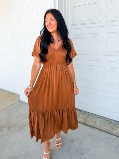 Smocked Washed Satin Tiered Maxi Dress - Sepia