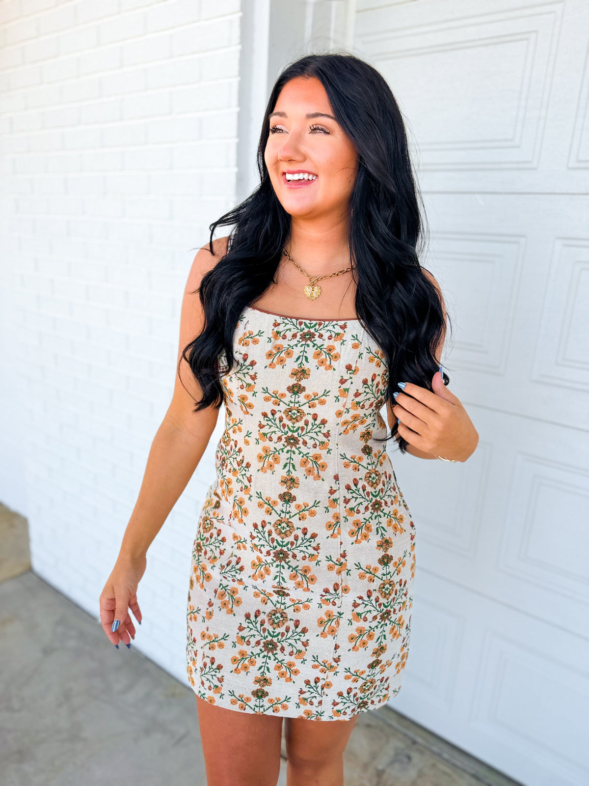 Vintage Floral Tapestry Printed Mini Dress - Cream