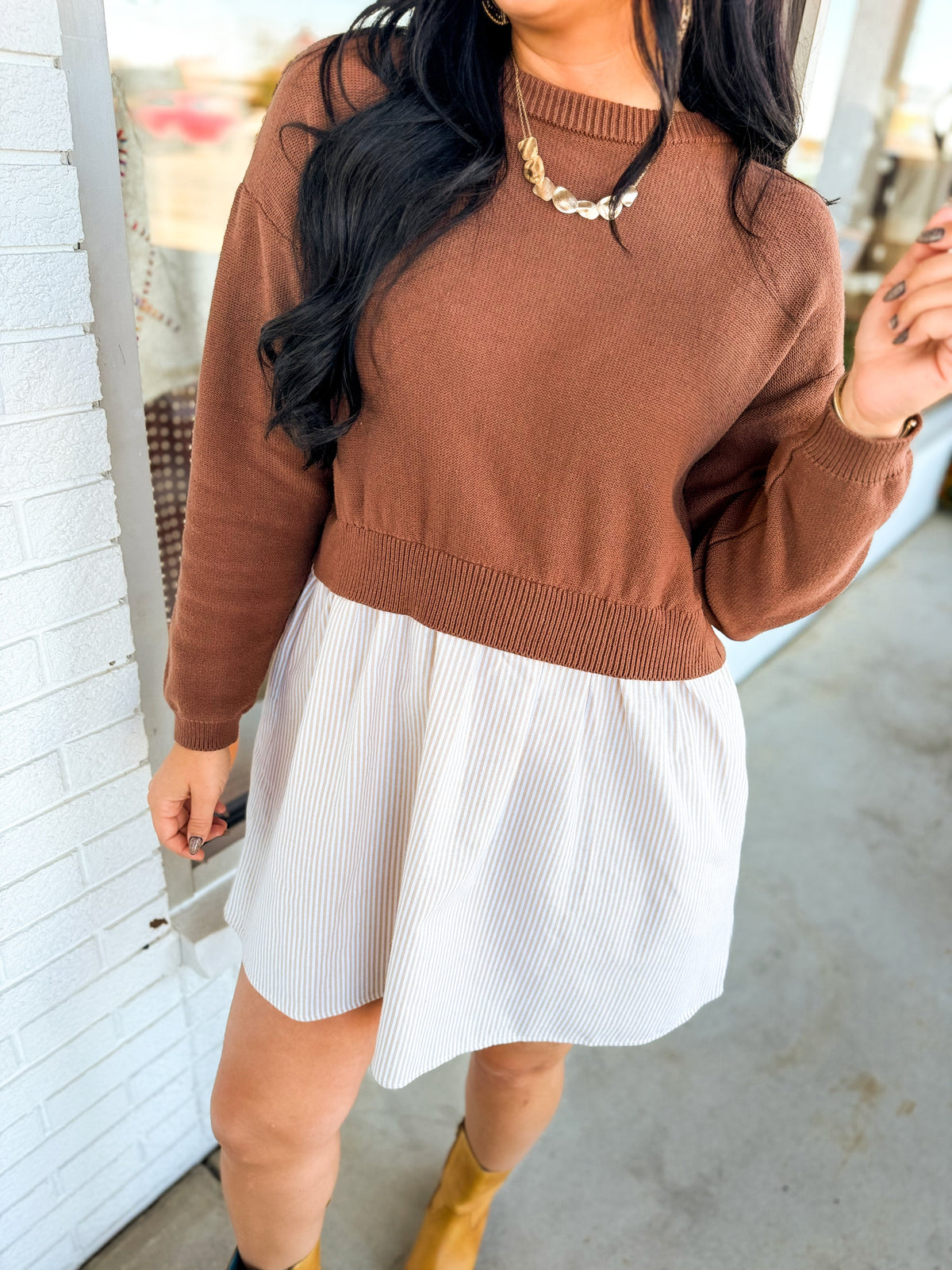 Sweater Back Tie Striped Twofer Mini Dress - Brown