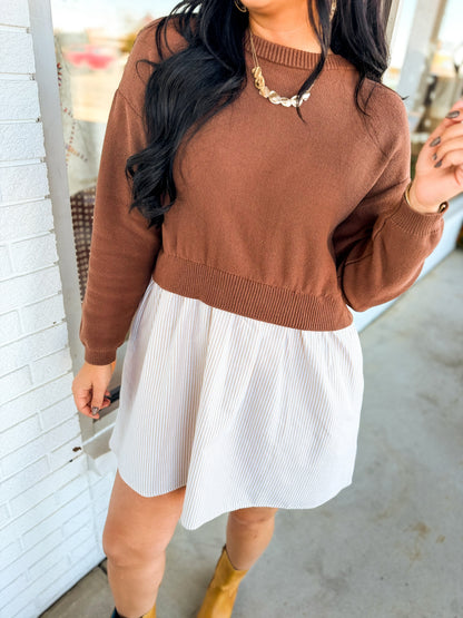 Sweater Back Tie Striped Twofer Mini Dress - Brown