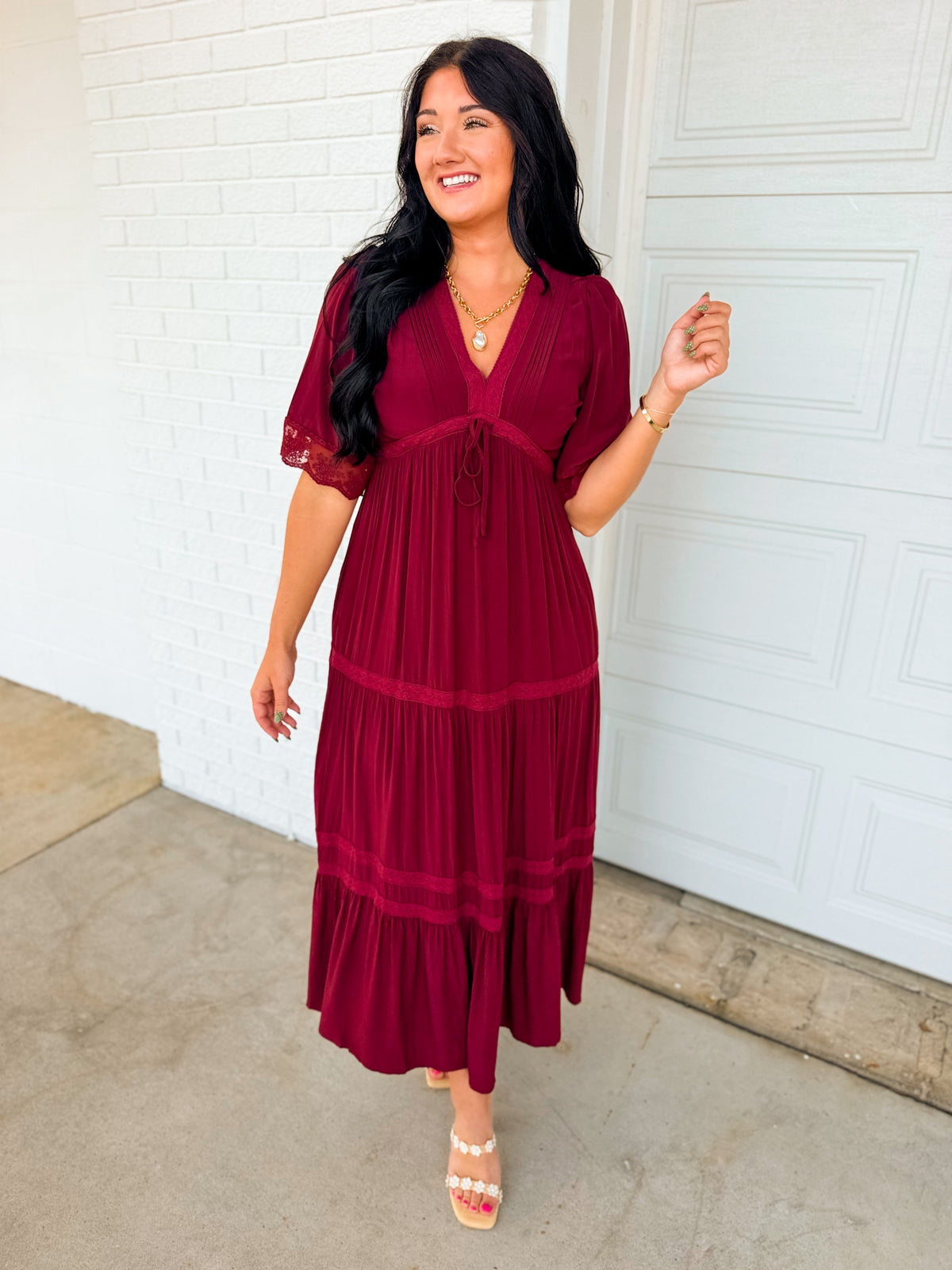 Lace Trim Front Tie Tiered Maxi Dress - Bordeaux