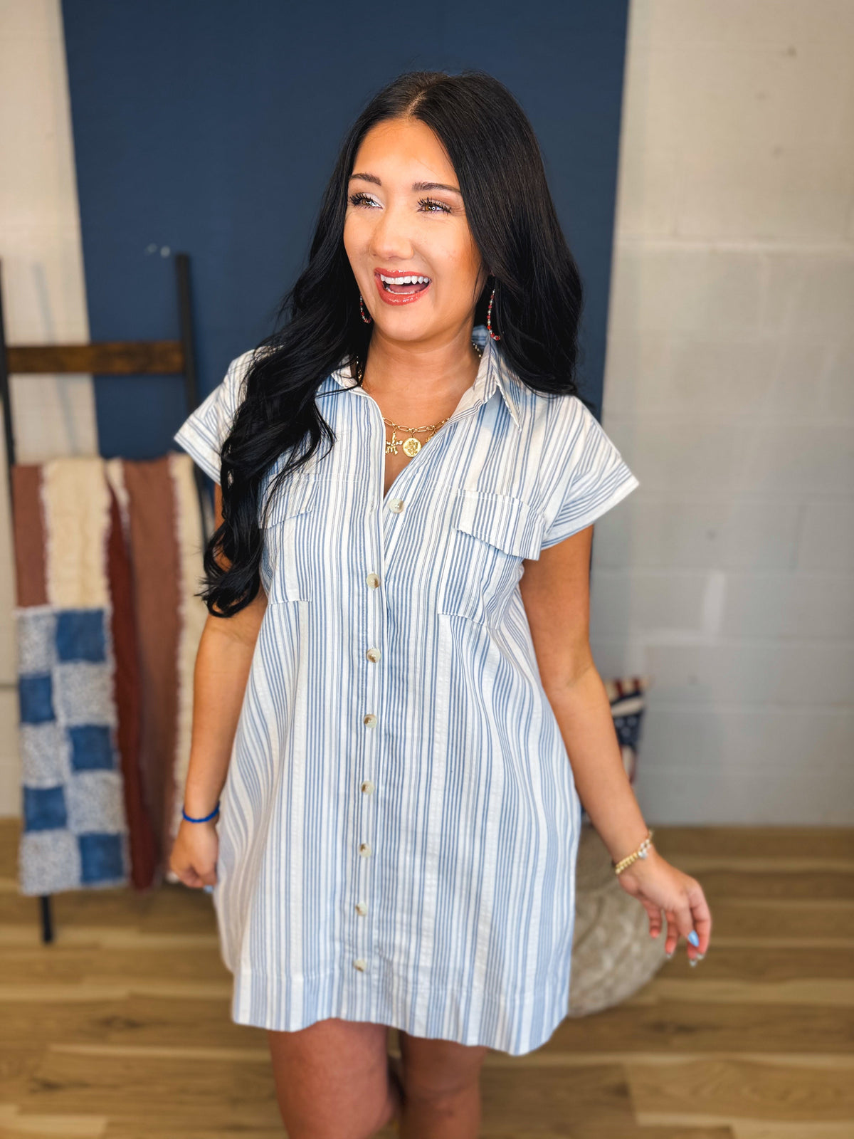 Striped Button Up Shirt Mini Dress - Denim Blue/White