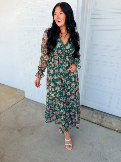 Delicate Floral Print Tiered Button Down Maxi Dress - Eucalyptus