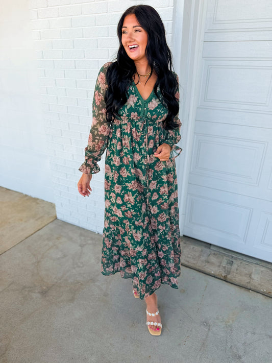 Delicate Floral Print Tiered Button Down Maxi Dress - Eucalyptus