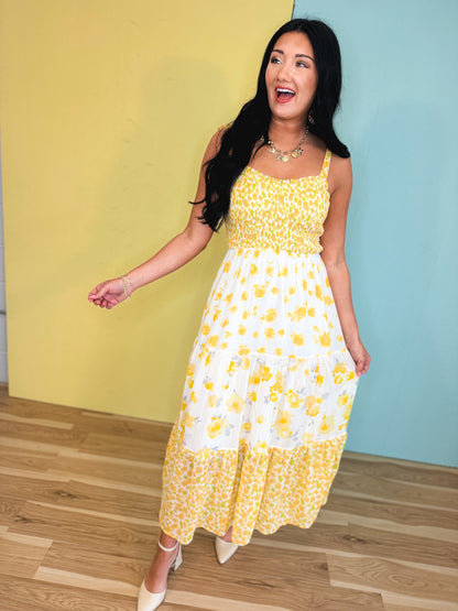 Strap Tied Smocked Mixed Print Midi Dress - Yellow Bell Mix