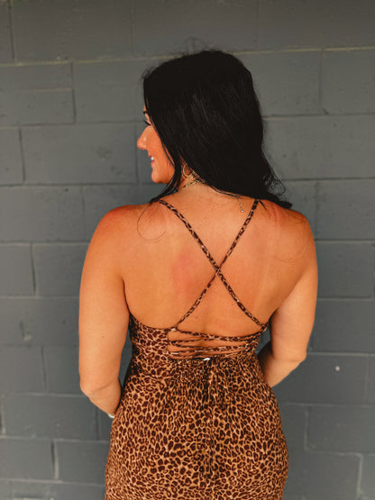 Leopard Print Criss Cross Maxi Dress - Mocha Mousse