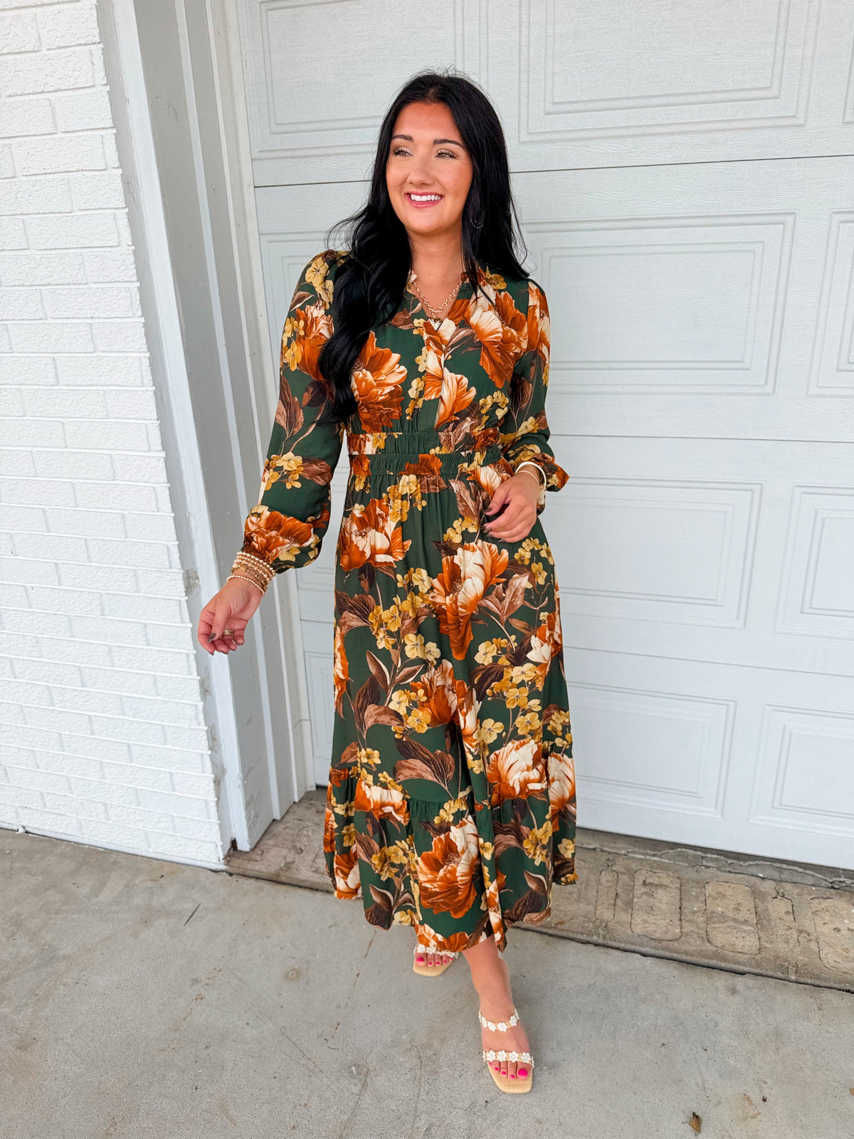 Smocked Floral Printed Long Sleeve Midi Dress - Green Multi