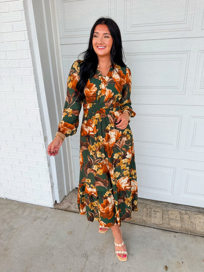 Smocked Floral Printed Long Sleeve Midi Dress - Green Multi