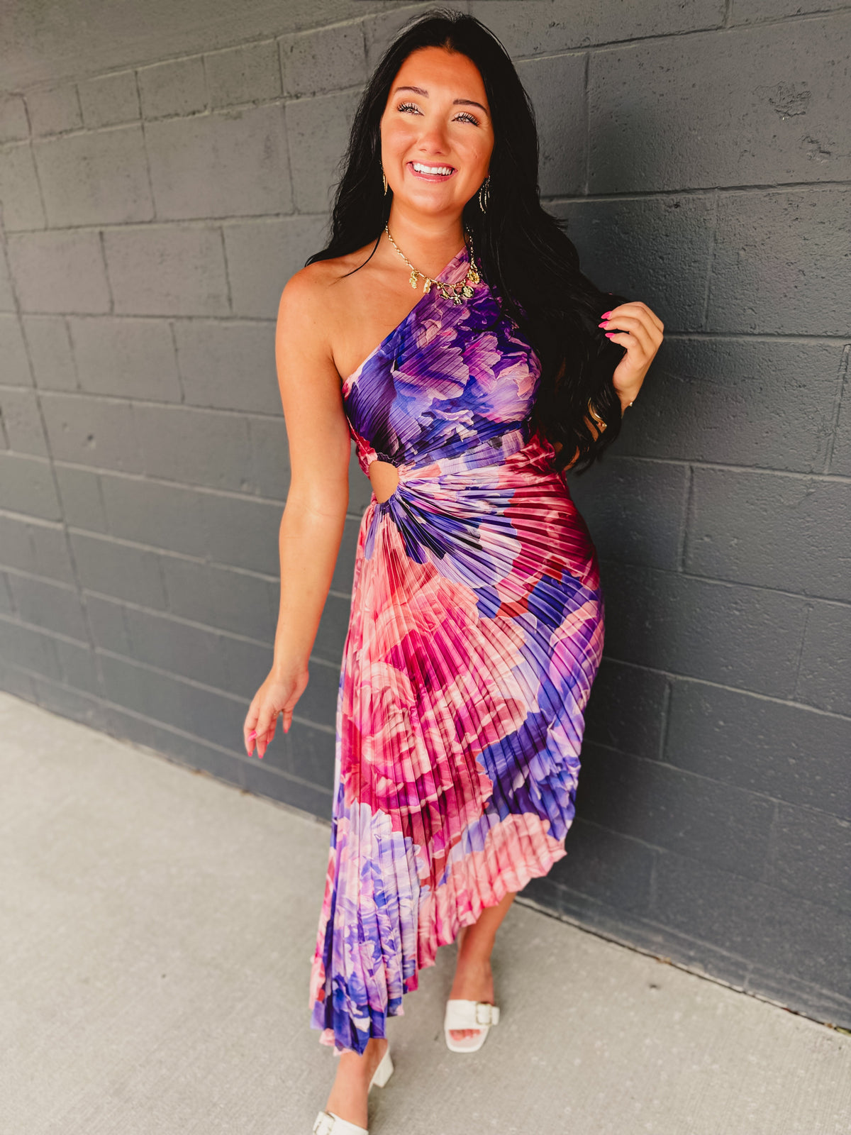 One Shoulder Asymmetrical Pleated Maxi Dress - Lilac Rose