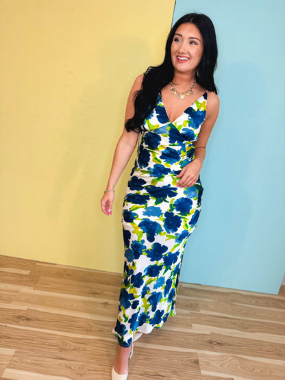 Floral Print Bias-Cut Textured V-Neck Maxi Dress - Blue