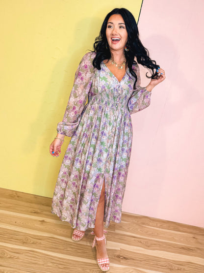 Tencel Floral Smocked Button Down Maxi Dress - Eucalyptus