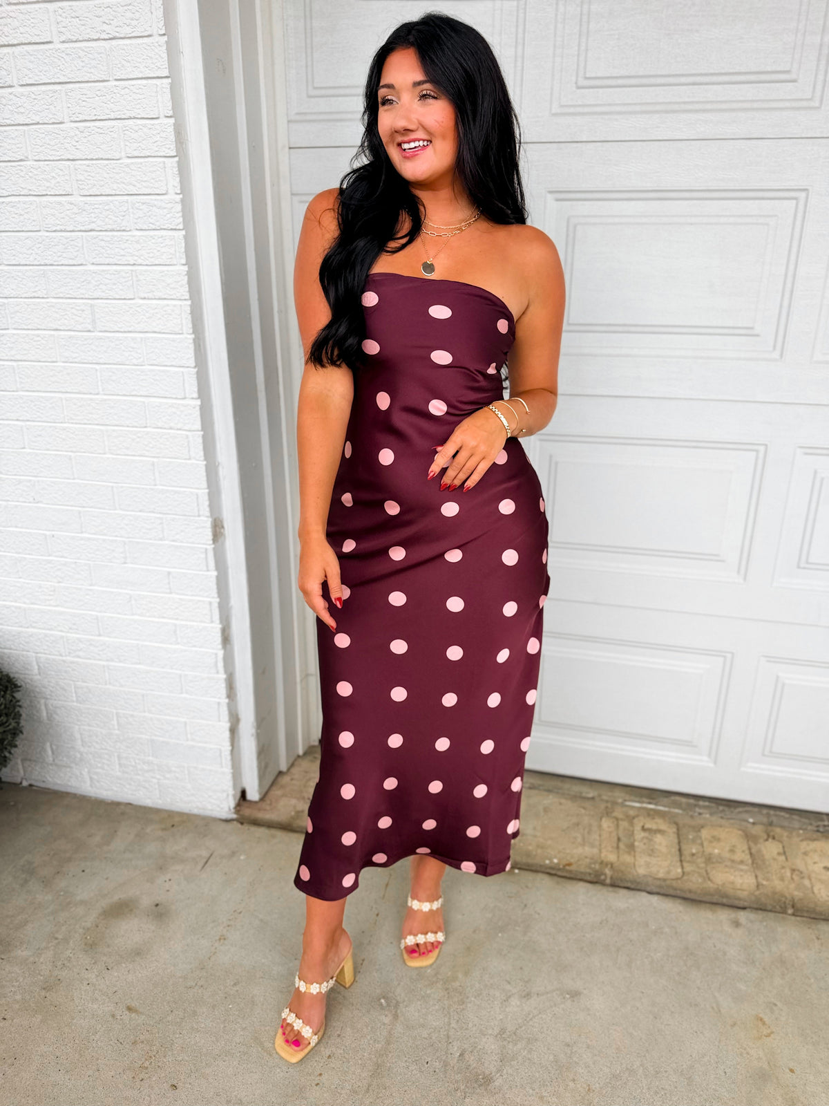 Polka Dot Satin Strapless Maxi Dress - Plum/Blush