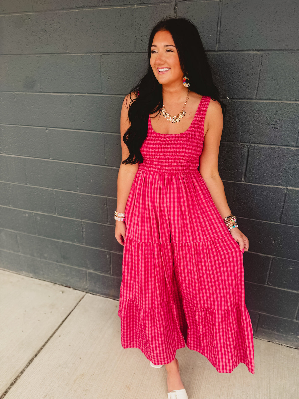 Gingham Smocked Bodice Tiered Maxi Dress - Fuchsia Multi