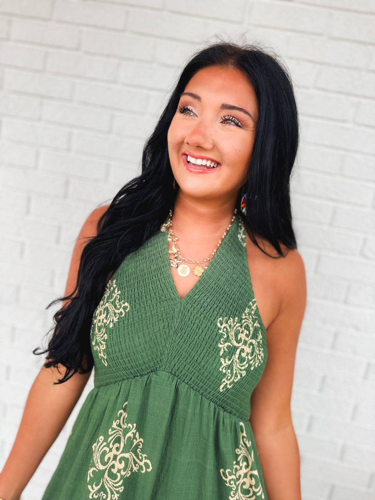 Smocked Border Print Maxi Dress - Rich Teal
