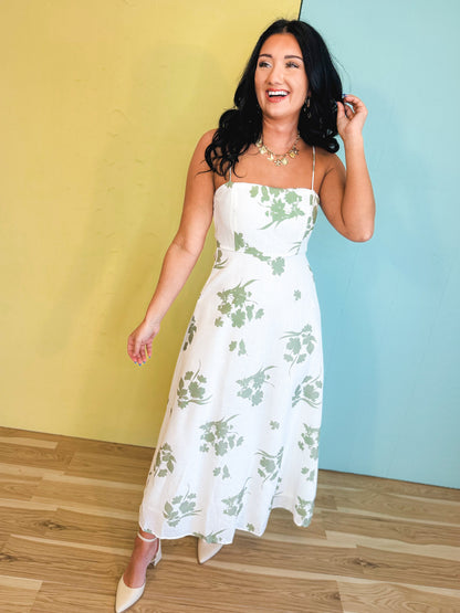 Floral Printed Midi Dress - White/Sage