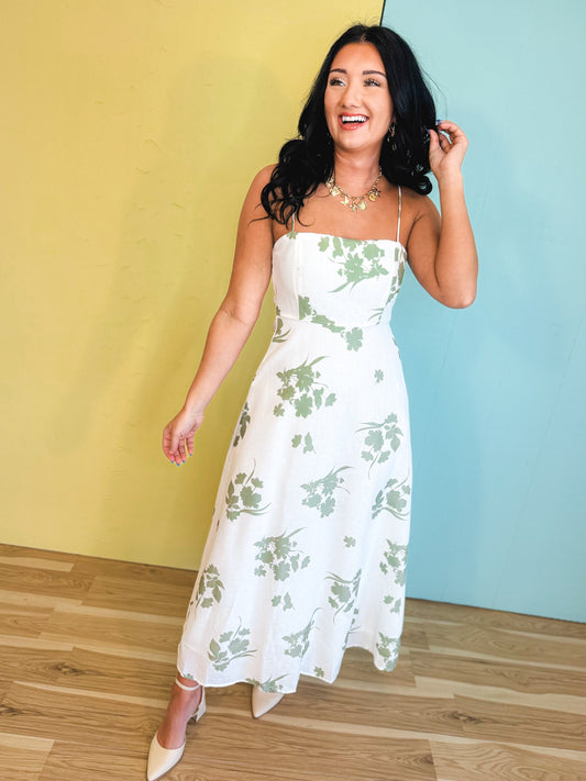 Floral Printed Midi Dress - White/Sage