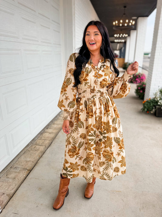 Fall Floral Printed Long Sleeve Midi Dress - Sand Multi