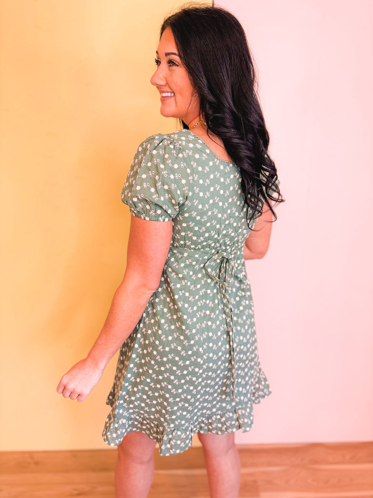 Embroidered Babydoll Mini Dress - Eucalyptus