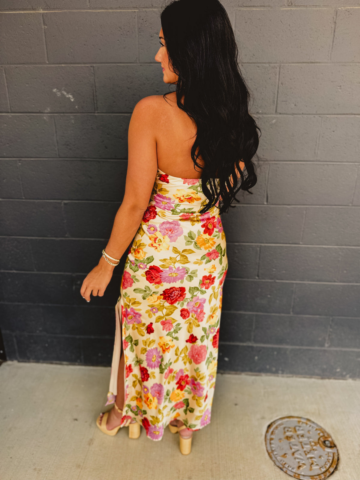 Strapless Bias Cut Satin Maxi Dress - Garden Multi