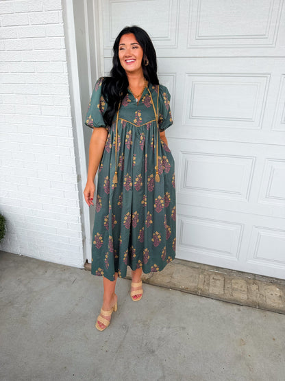 Floral Contrast Trim Puff Sleeve Maxi Dress - Dark Forest Green