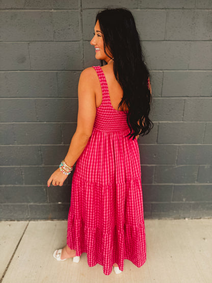 Gingham Smocked Bodice Tiered Maxi Dress - Fuchsia Multi