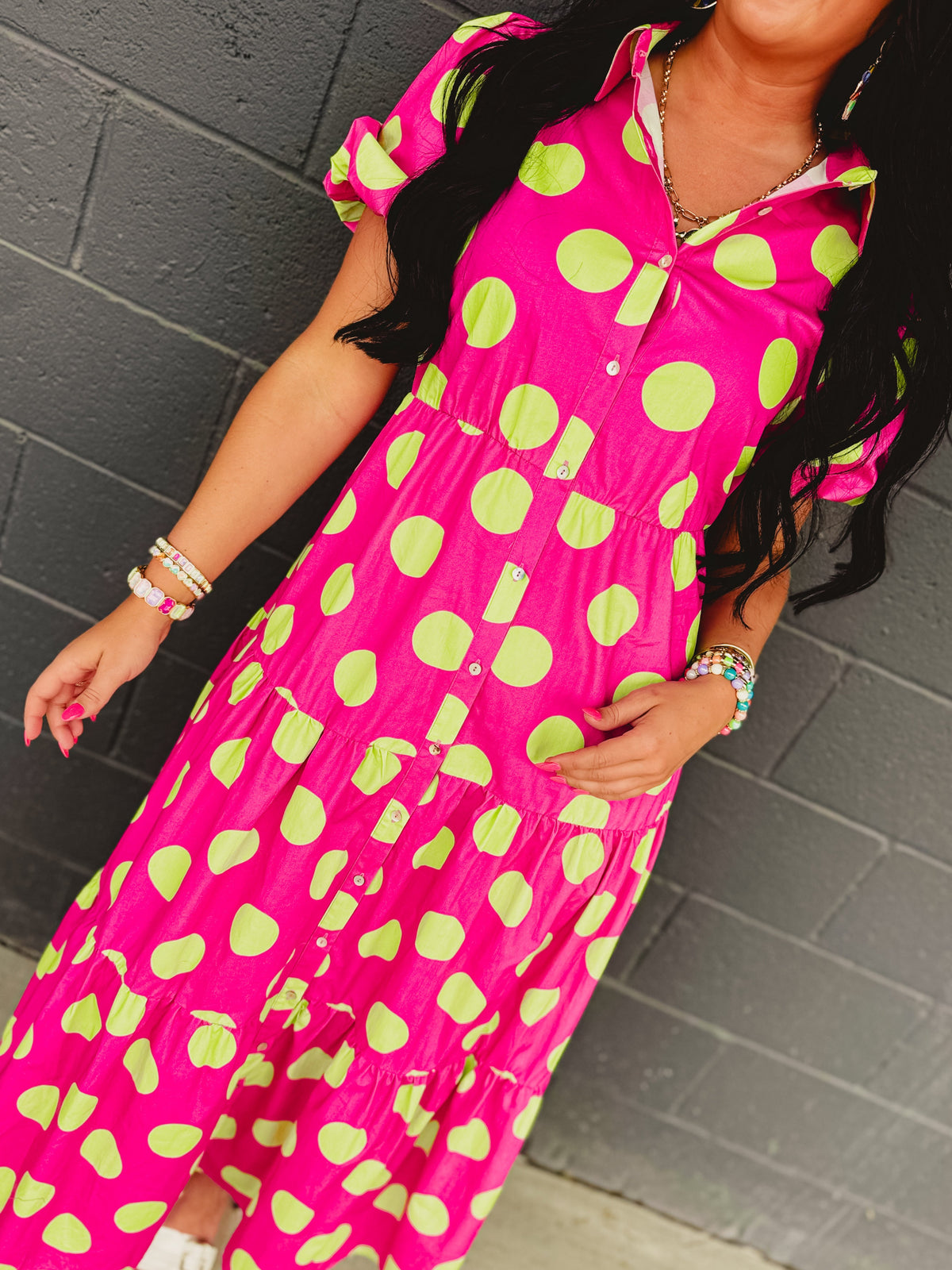 Polka Dot Cotton Poplin Button Up Maxi Dress - Hot Pink/Green