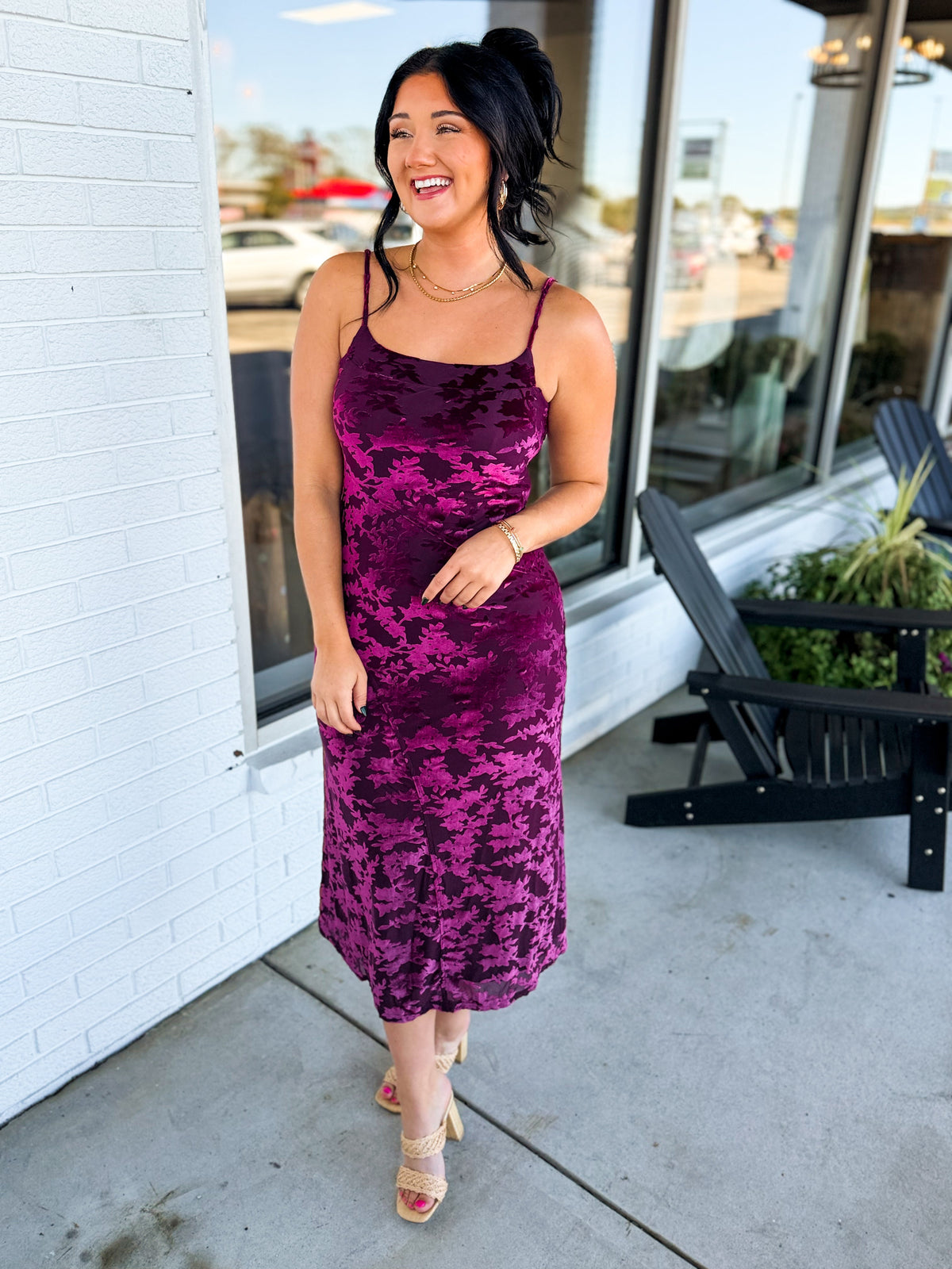 Burnout Velvet Spaghetti Strap Midi Dress - Burgundy