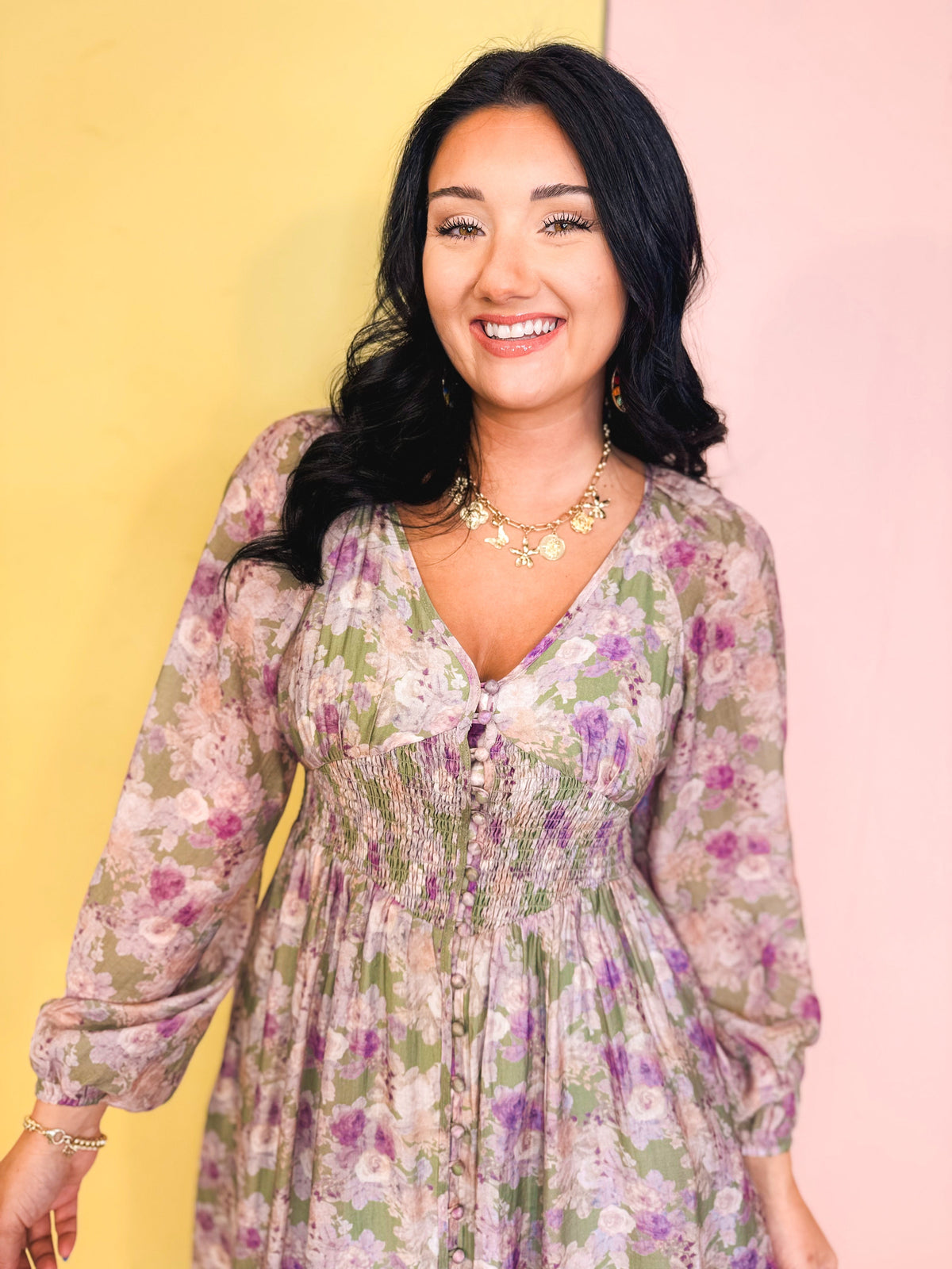 Tencel Floral Smocked Button Down Maxi Dress - Eucalyptus