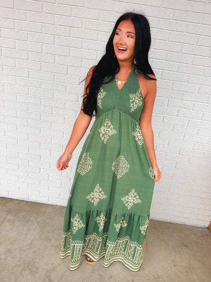 Smocked Border Print Maxi Dress - Rich Teal