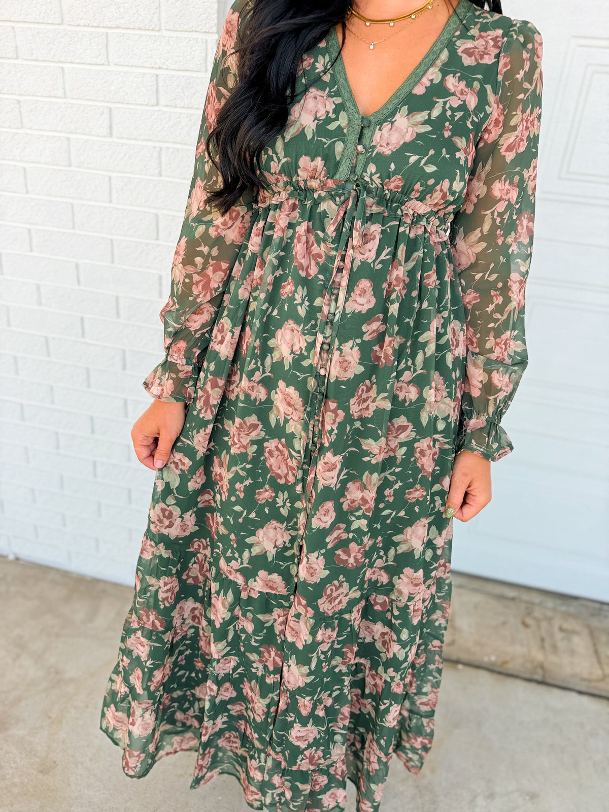 Delicate Floral Print Tiered Button Down Maxi Dress - Eucalyptus