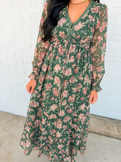 Delicate Floral Print Tiered Button Down Maxi Dress - Eucalyptus