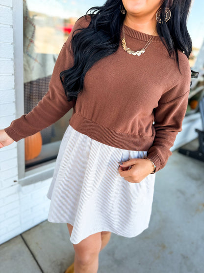 Sweater Back Tie Striped Twofer Mini Dress - Brown
