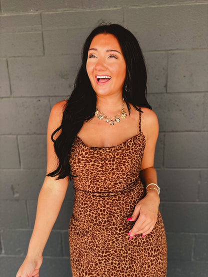 Leopard Print Criss Cross Maxi Dress - Mocha Mousse