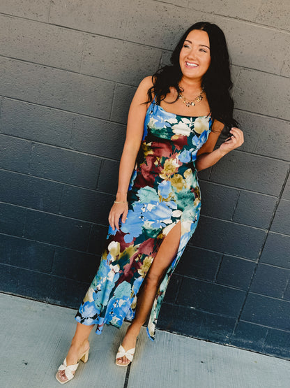 Floral Satin Slip Maxi Dress - Blue Multi